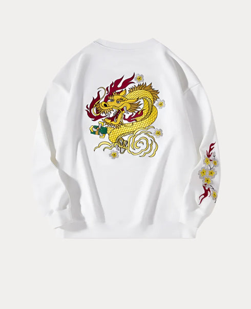 Premium Dragon Harajuku embroidered crewneck sweatshirt with dragon motif and floral details.